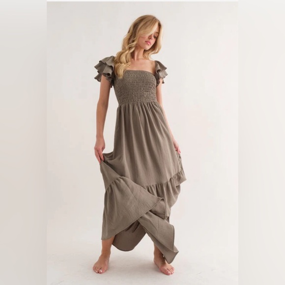 Boho Flutter Sleeve Olive Maxi Dress - Picture 1 of 5